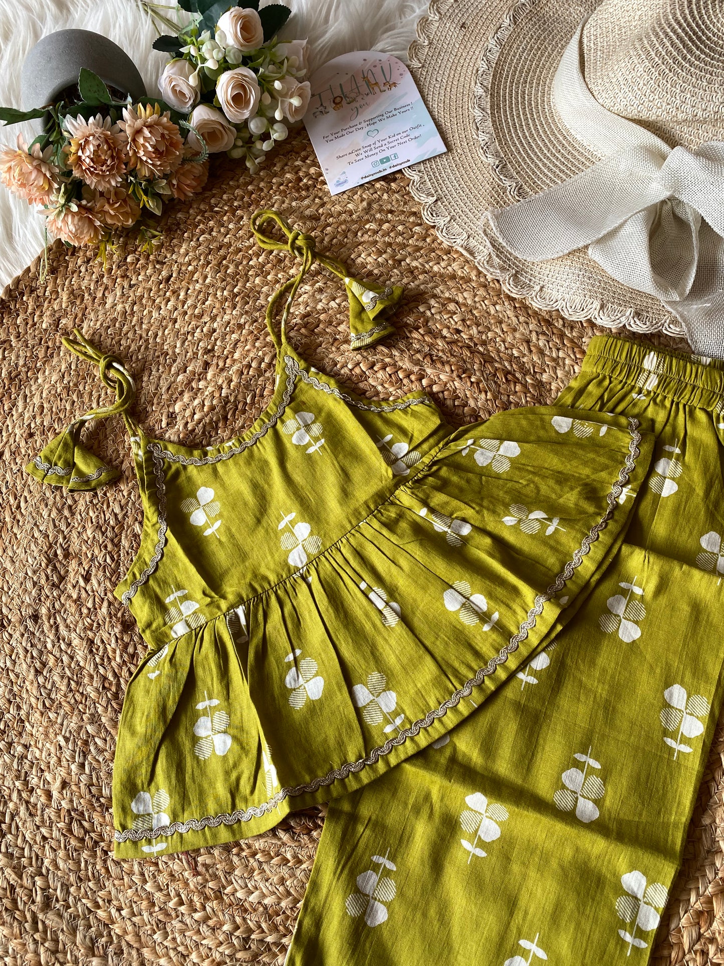 Cotton Floral Peplum Coord set in Green Color