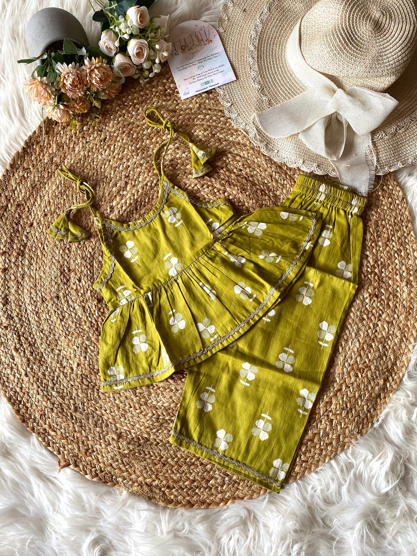 Cotton Floral Peplum Coord set in Green Color
