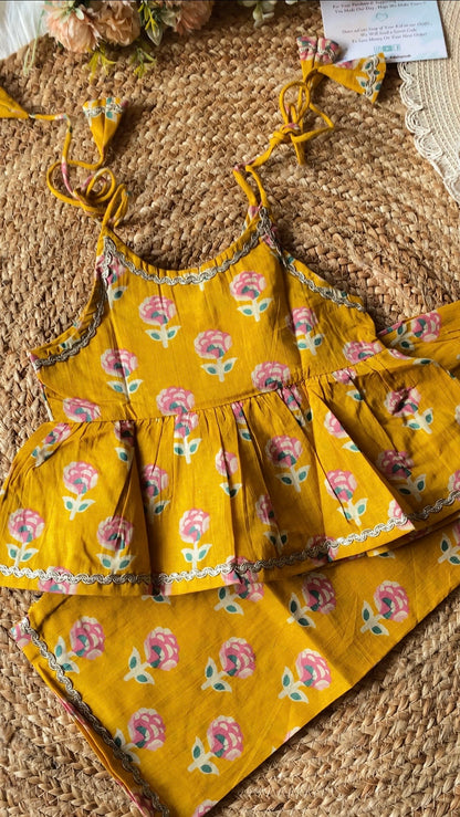 Cotton Floral Peplum Coord set in Yellow Color