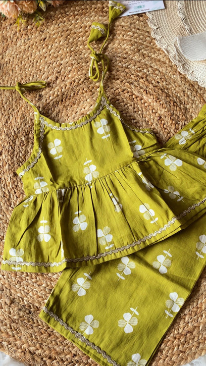 Cotton Floral Peplum Coord set in Green Color