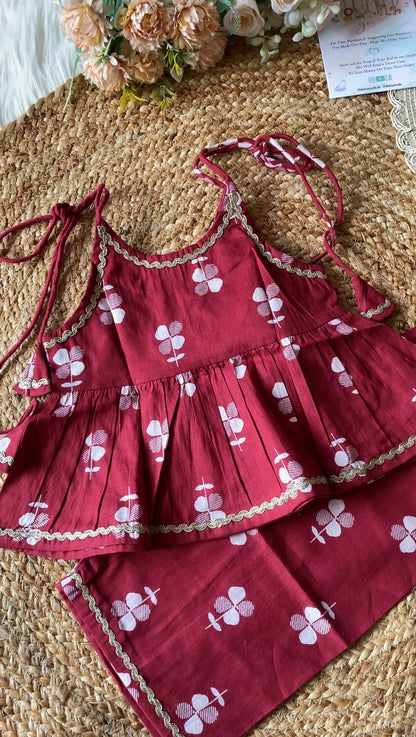 Cotton Floral Peplum Coord set in Maroon Color