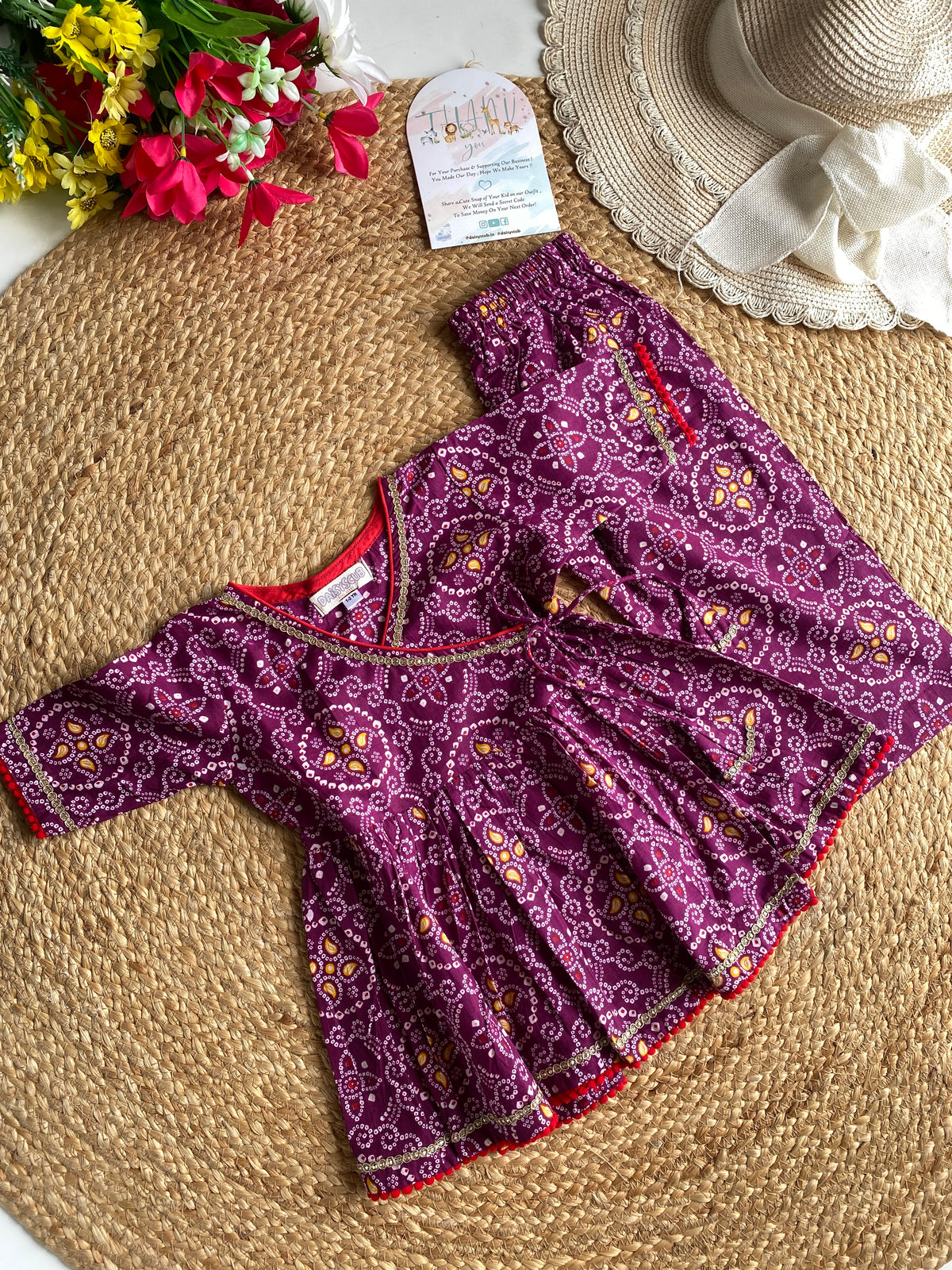 Pure Cotton Angarkha Kurti with Pant - Bandhani Purple