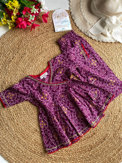 Pure Cotton Angarkha Kurti with Pant - Bandhani Purple