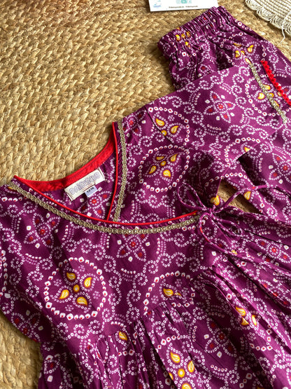 Pure Cotton Angarkha Kurti with Pant - Bandhani Purple