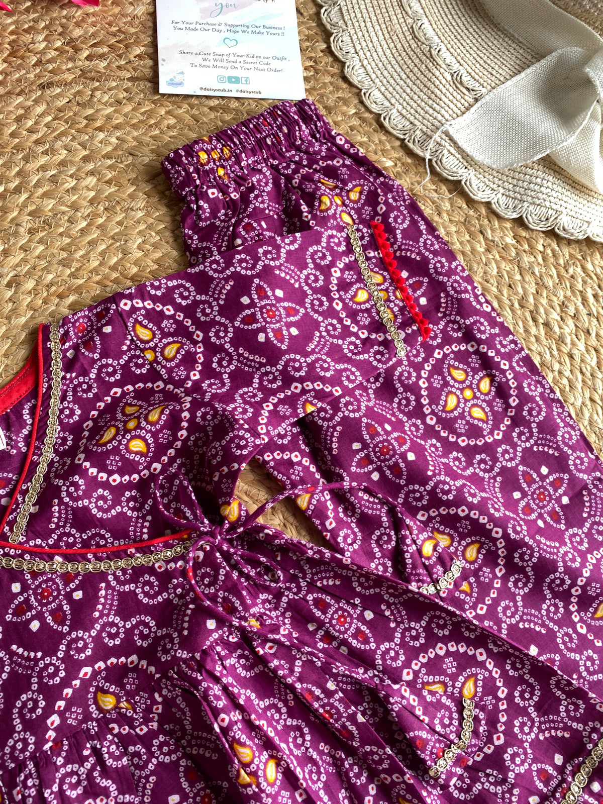 Pure Cotton Angarkha Kurti with Pant - Bandhani Purple