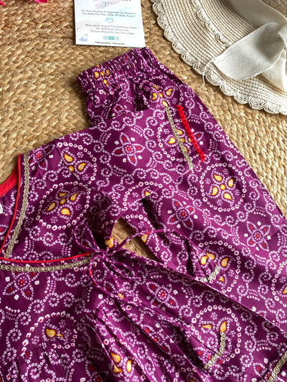 Pure Cotton Angarkha Kurti with Pant - Bandhani Purple