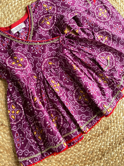 Pure Cotton Angarkha Kurti with Pant - Bandhani Purple
