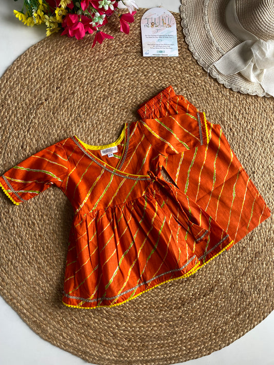 Pure Cotton Angarkha Kurti with Pant - Lehariya Orange