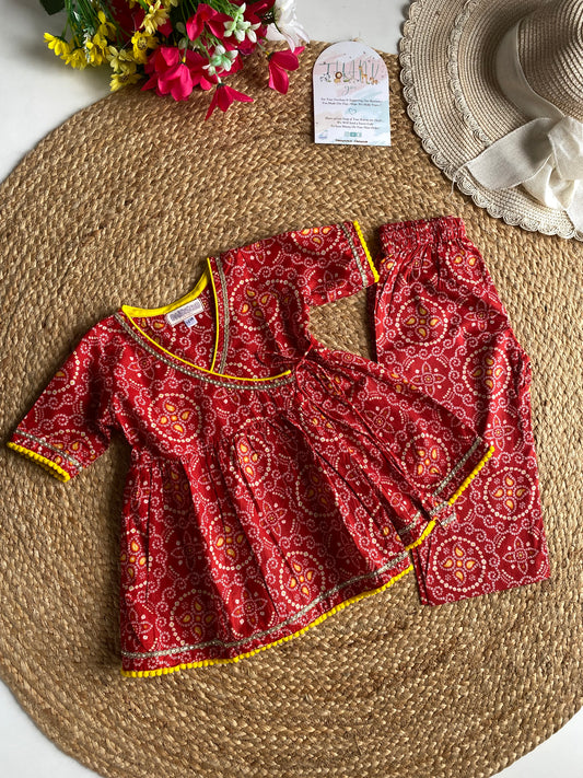 Pure Cotton Angarkha Kurti with Pant - Bandhani Red