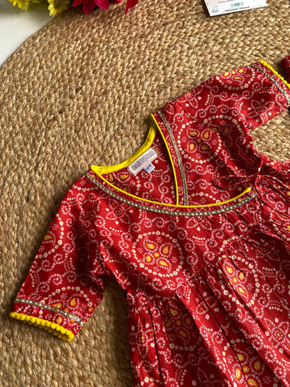 Pure Cotton Angarkha Kurti with Pant - Bandhani Red