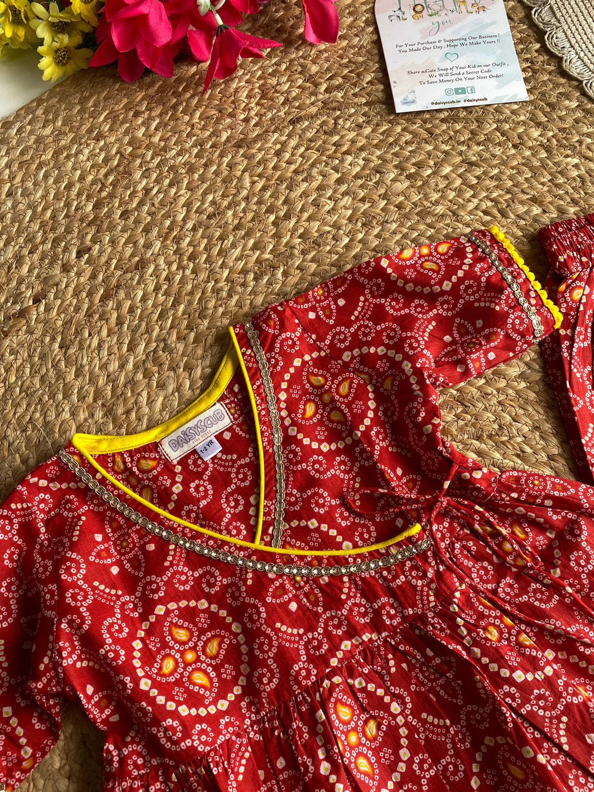Pure Cotton Angarkha Kurti with Pant - Bandhani Red