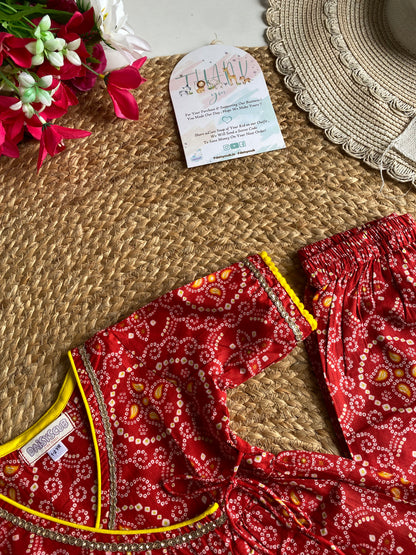 Pure Cotton Angarkha Kurti with Pant - Bandhani Red