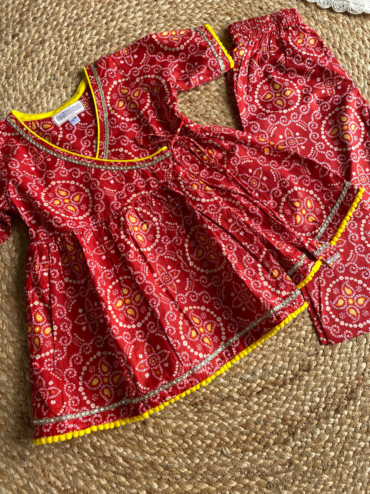 Pure Cotton Angarkha Kurti with Pant - Bandhani Red