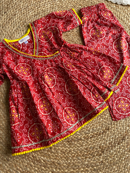 Pure Cotton Angarkha Kurti with Pant - Bandhani Red