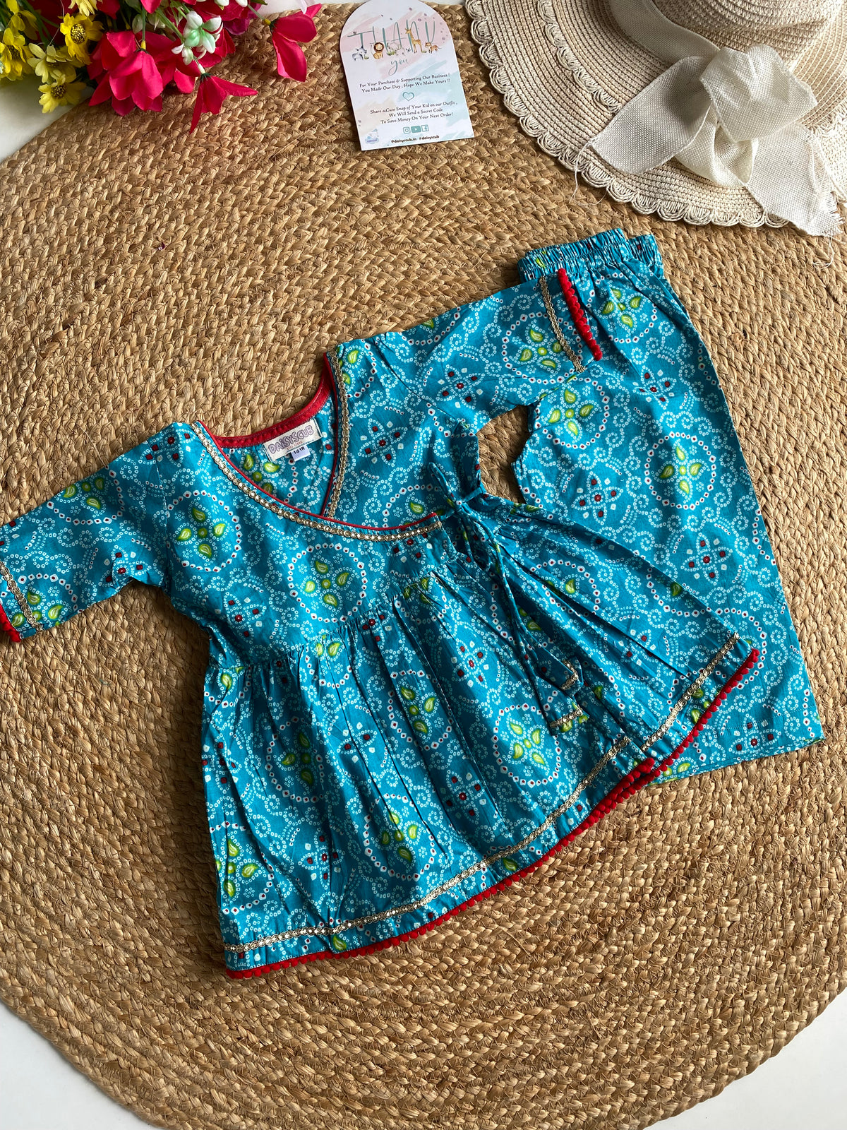 Pure Cotton Angarkha Kurti with Pant - Bandhani Blue