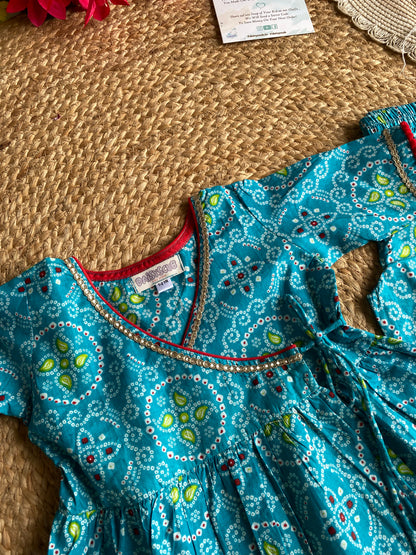 Pure Cotton Angarkha Kurti with Pant - Bandhani Blue