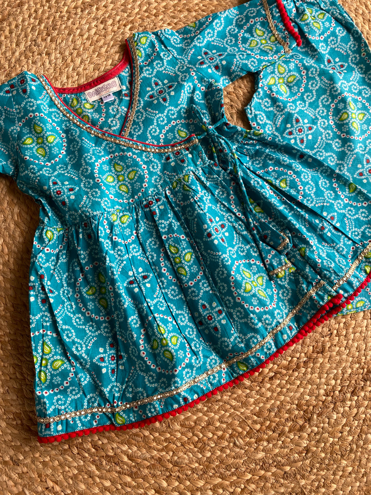 Pure Cotton Angarkha Kurti with Pant - Bandhani Blue