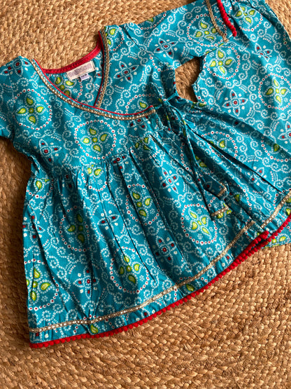 Pure Cotton Angarkha Kurti with Pant - Bandhani Blue