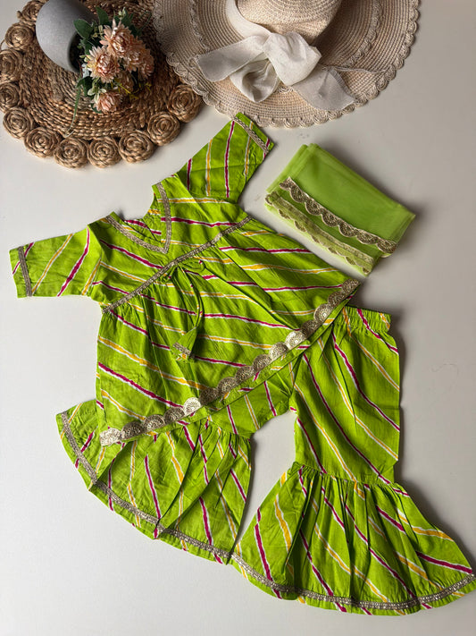 Pure Cotton Lehariya Kurti with Pant & Dupatta- Green
