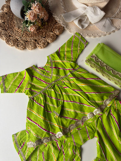 Pure Cotton Lehariya Kurti with Pant & Dupatta- Green