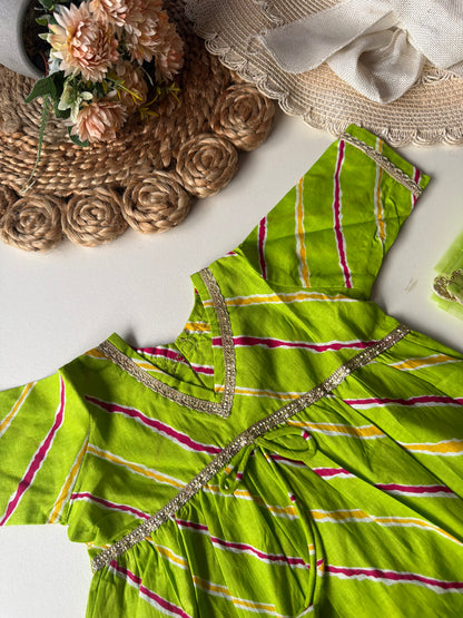 Pure Cotton Lehariya Kurti with Pant & Dupatta- Green