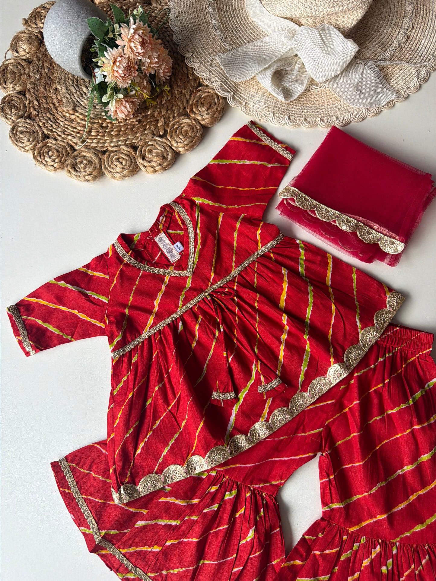 Pure Cotton Lehariya Kurti with Pant & Dupatta- Red