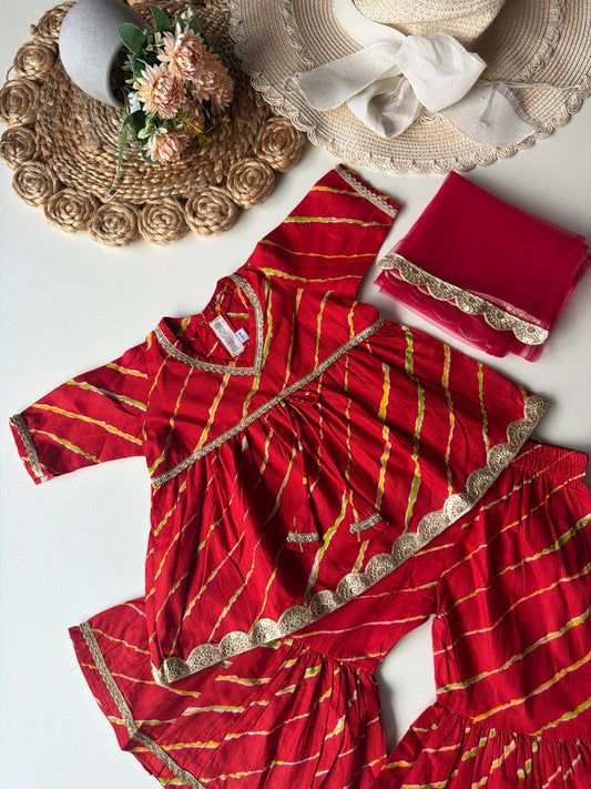 Pure Cotton Lehariya Kurti with Pant & Dupatta- Red