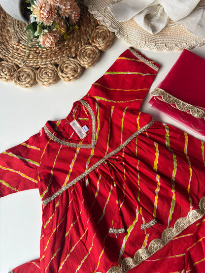 Pure Cotton Lehariya Kurti with Pant & Dupatta- Red
