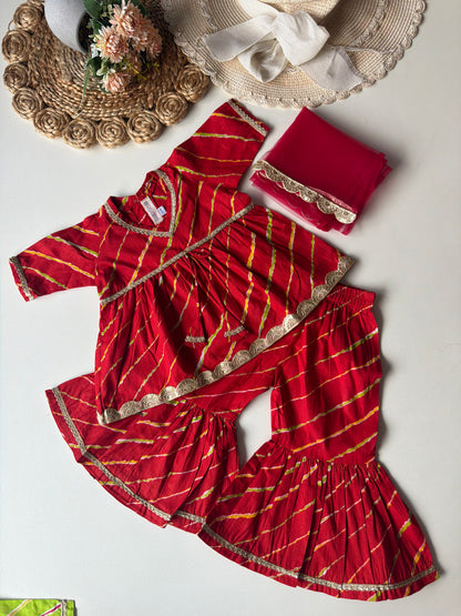 Pure Cotton Lehariya Kurti with Pant & Dupatta- Red