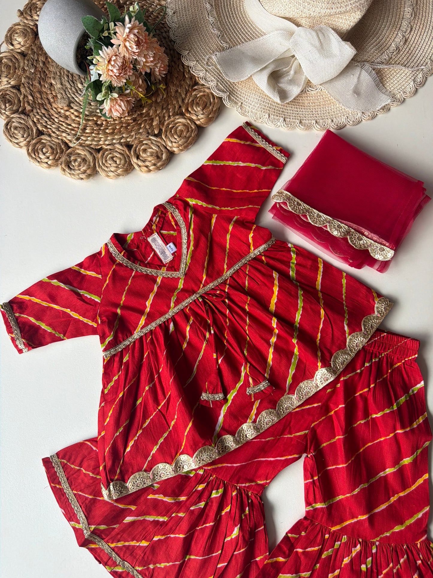 Pure Cotton Lehariya Kurti with Pant & Dupatta- Red