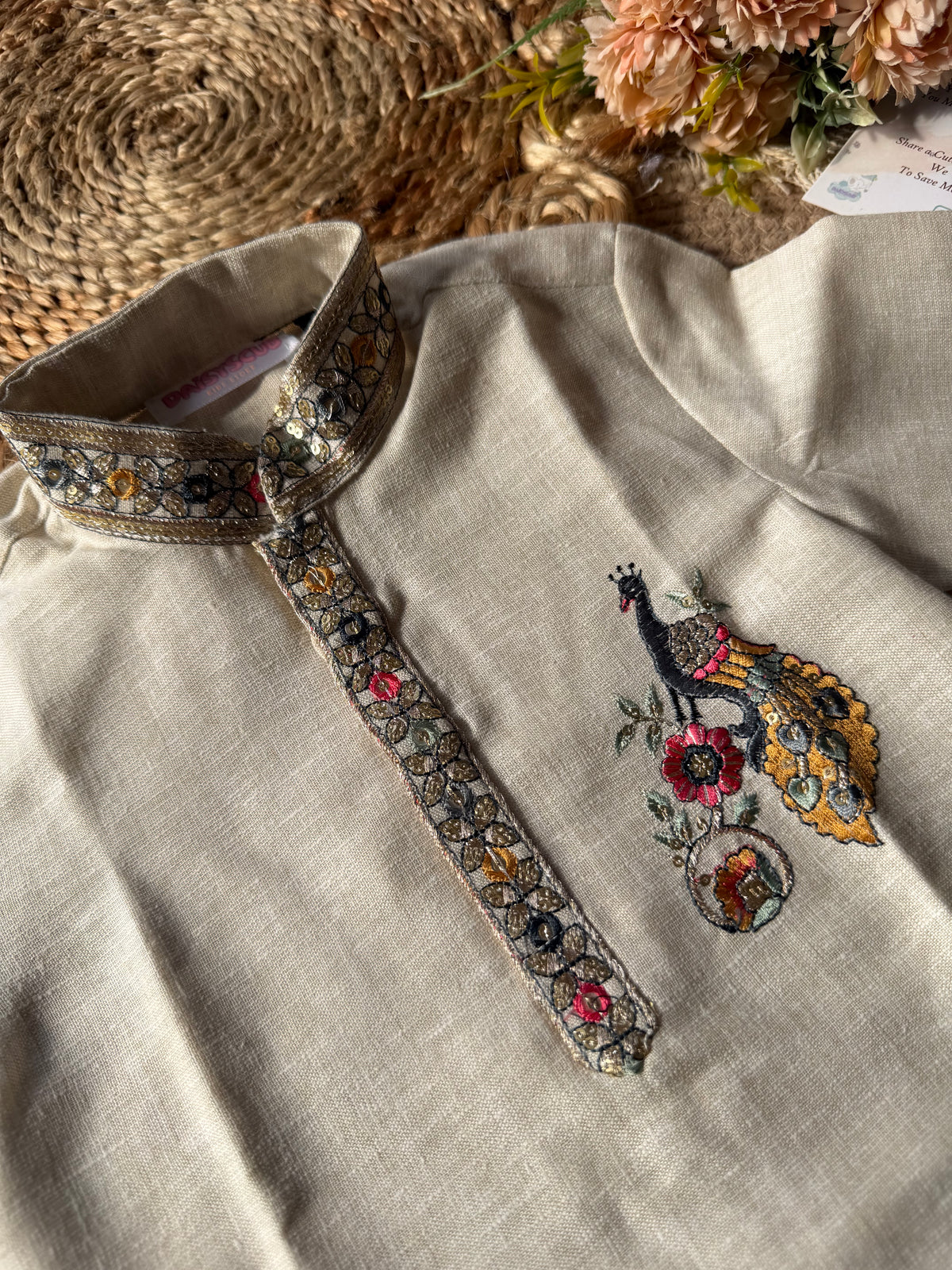 Beige Peacock Embroidered Kurta Pyjama Set
