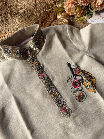 Beige Peacock Embroidered Kurta Pyjama Set