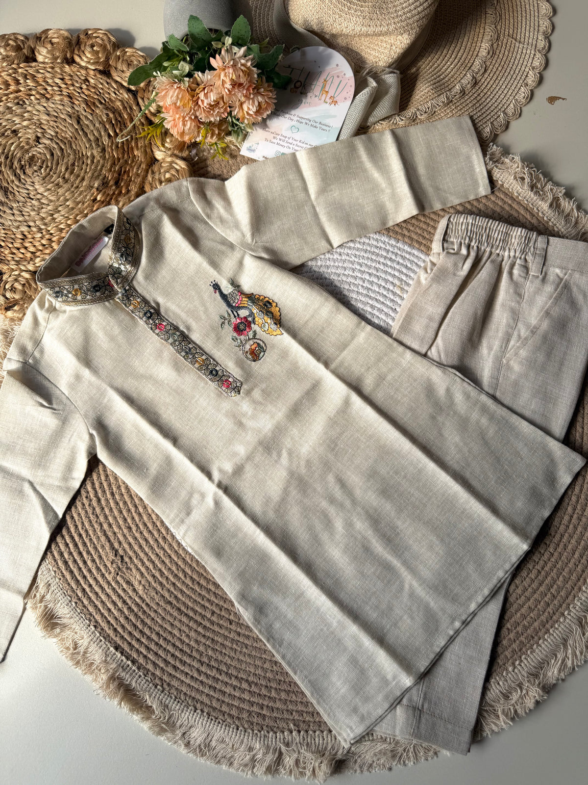 Beige Peacock Embroidered Kurta Pyjama Set