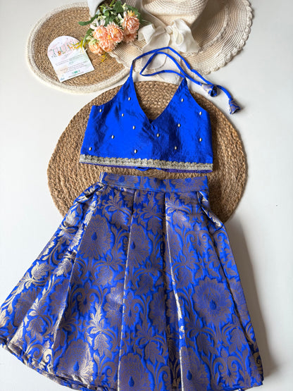 Halter Neck Brocade Blue Lehenga Set