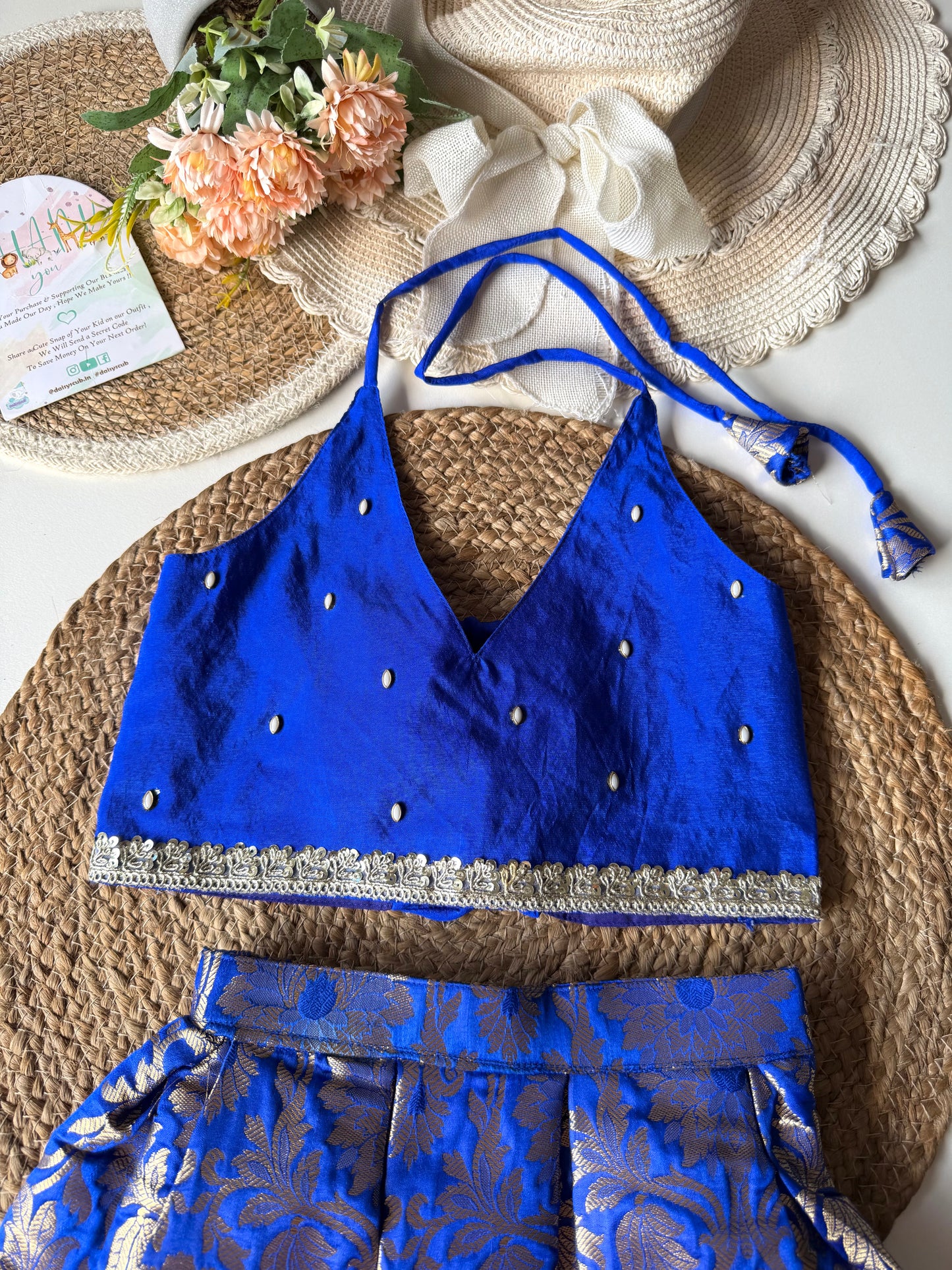 Halter Neck Brocade Blue Lehenga Set