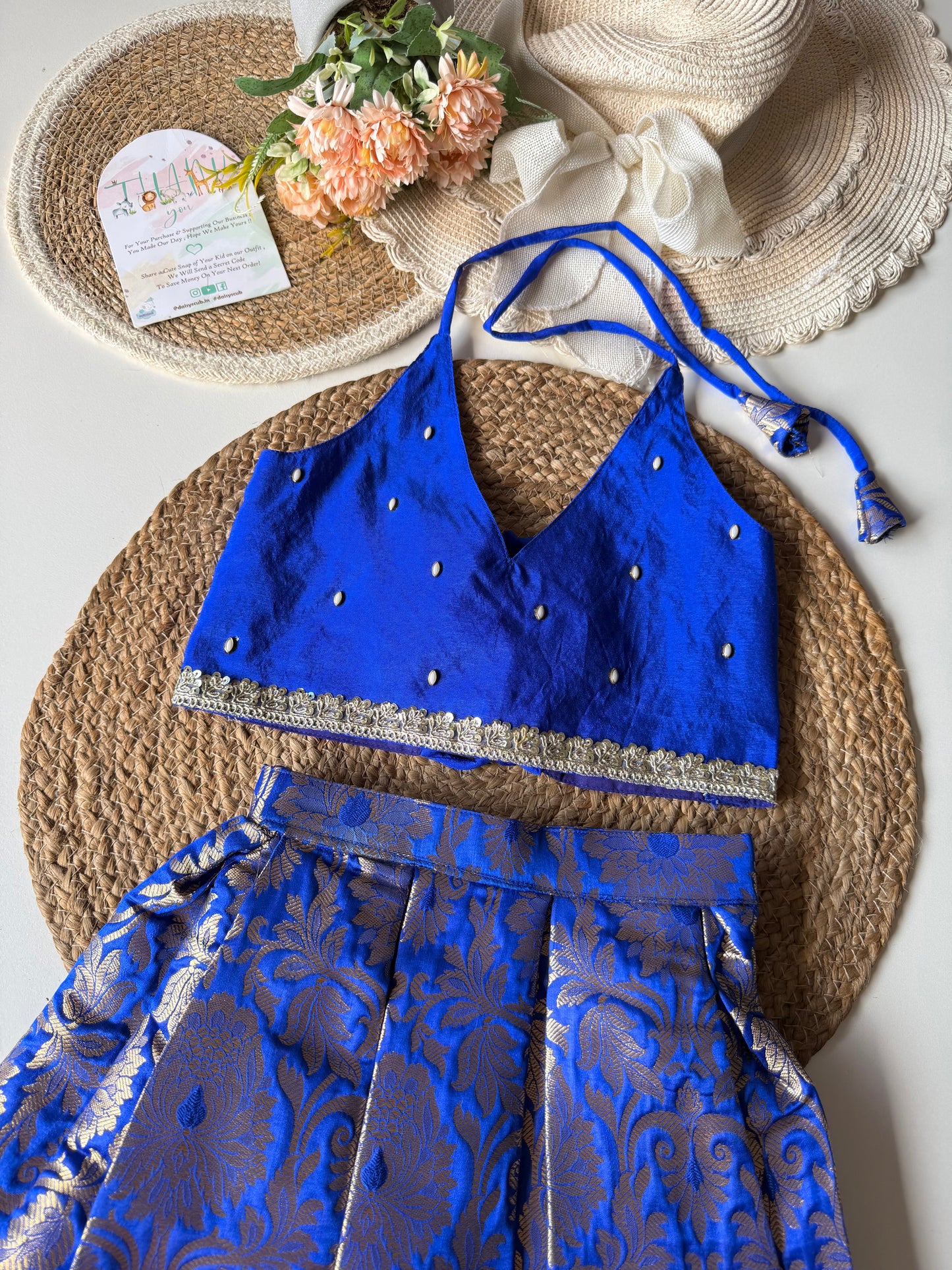 Halter Neck Brocade Blue Lehenga Set