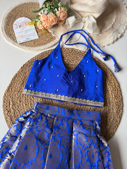 Halter Neck Brocade Blue Lehenga Set