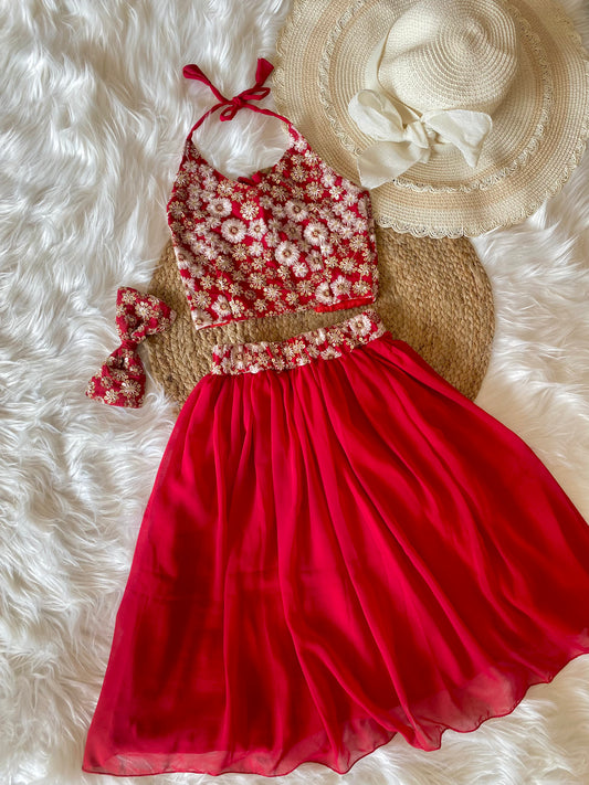 Halter Neck Red Lehenga