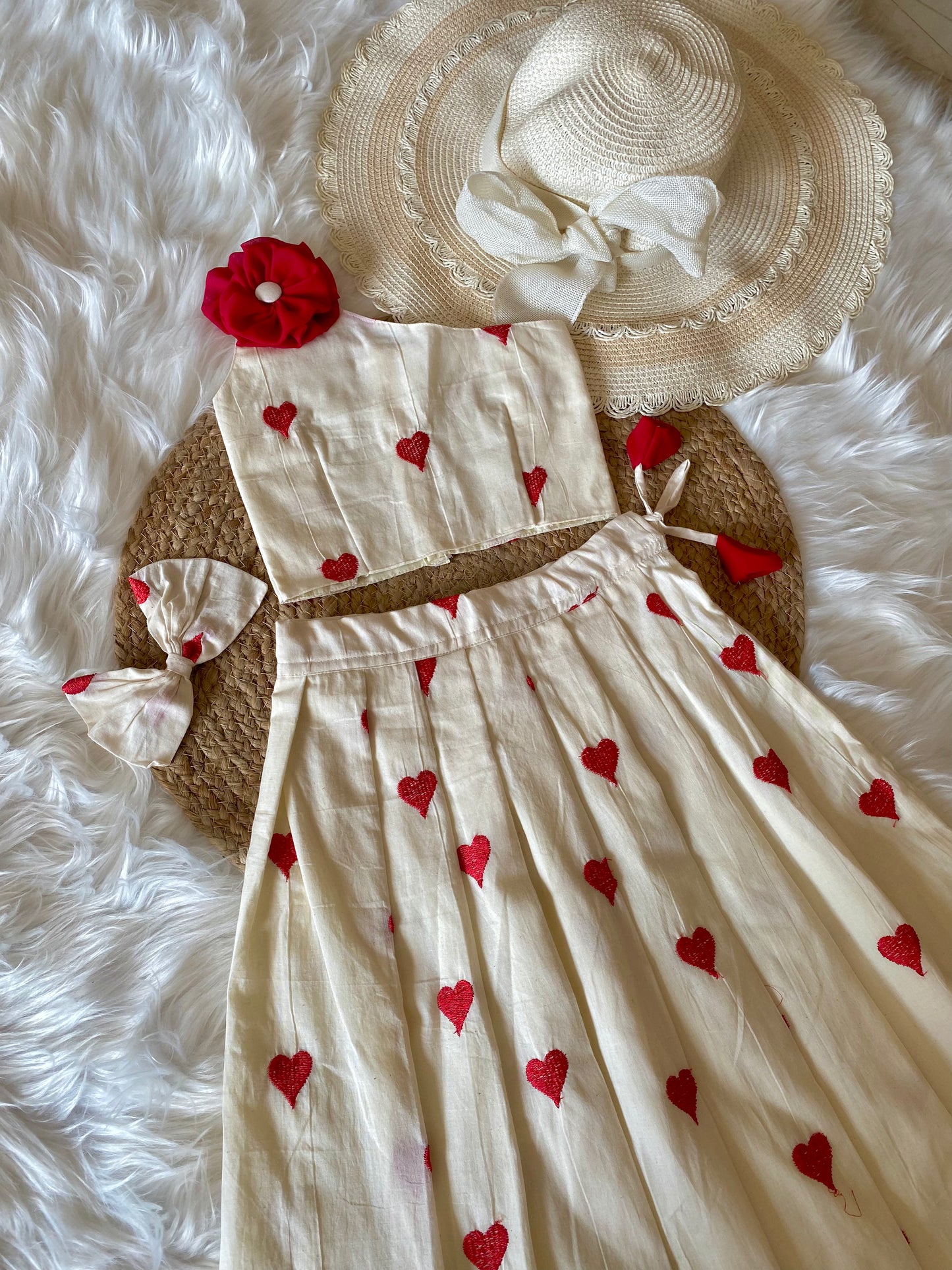 White Red Heart Cotton Lehenga