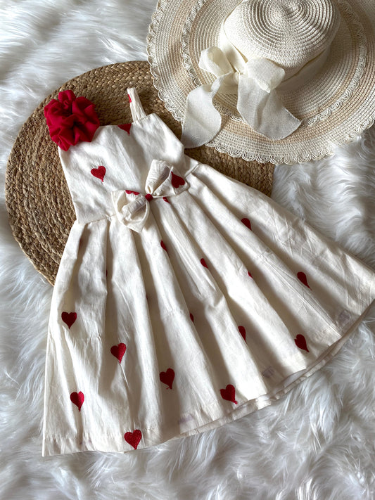 White Red Heart Cotton Frock