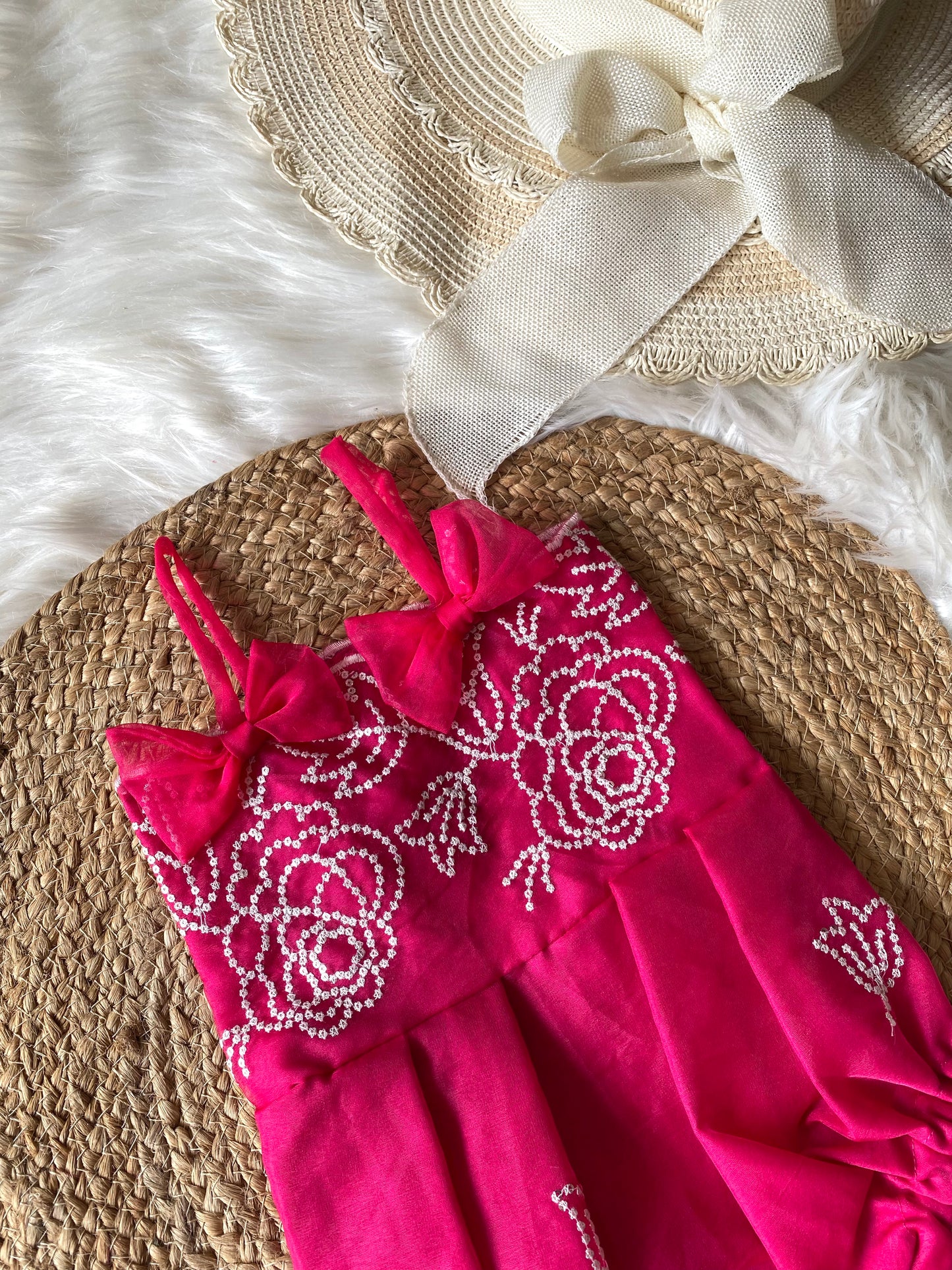 Pink Floral Thread Embroidery Romper