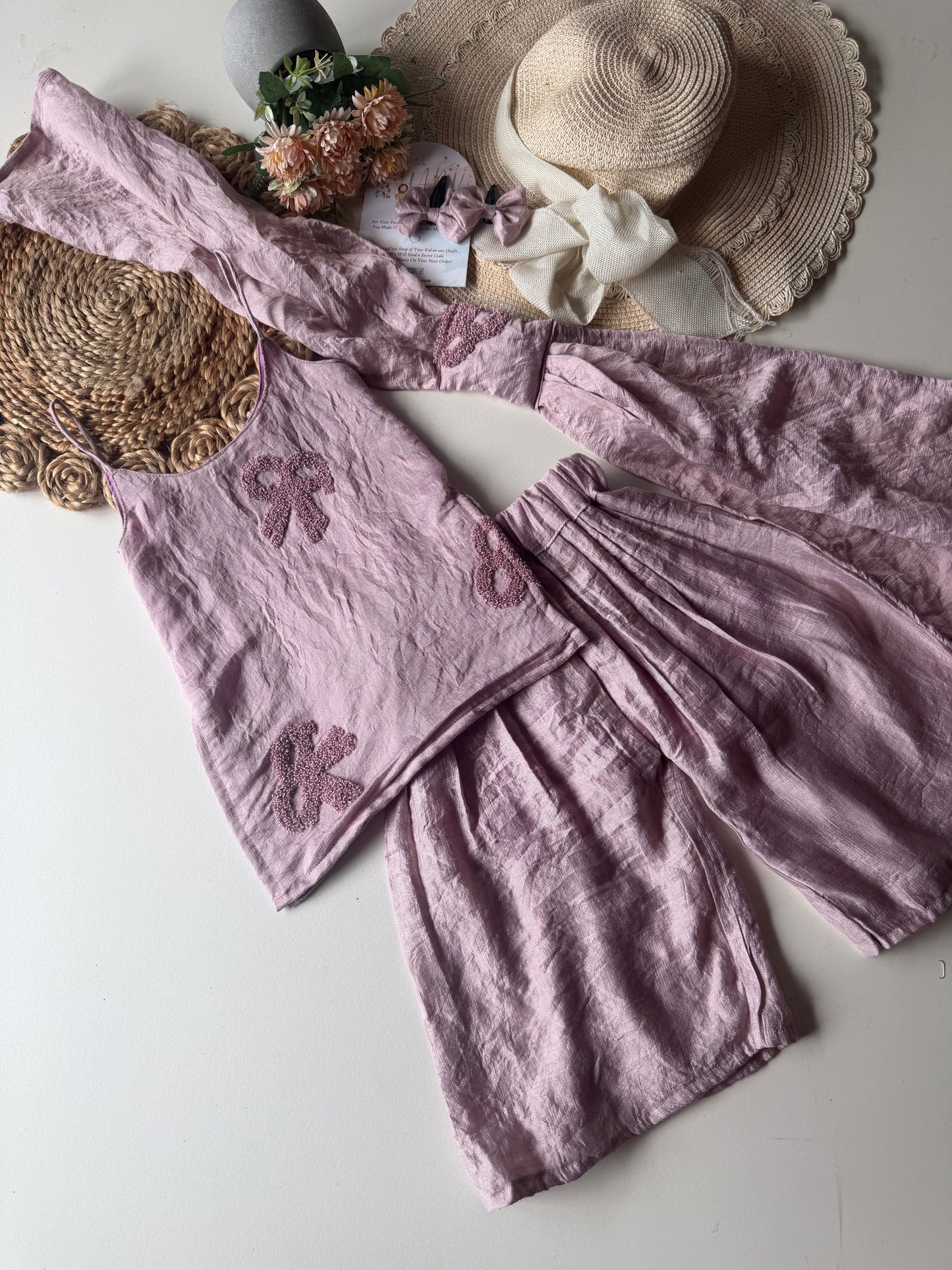 Crush Mul Thread Work Bow Kurti with Palazzo & Dupatta