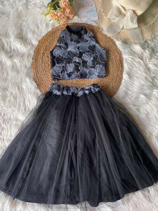 Black Hand Embroidery Net Lehenga