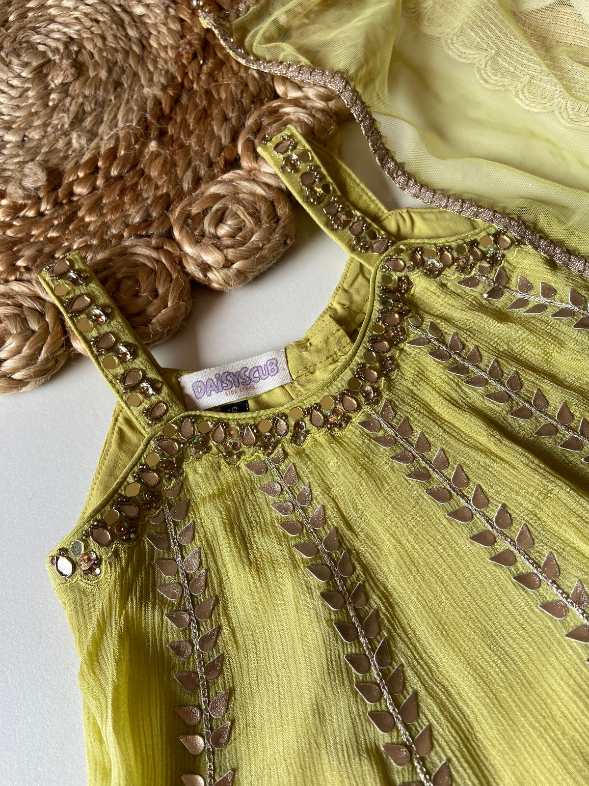 Handwork Chinon Kalidar Strap Kurti with Russian Palazzo & Dupatta