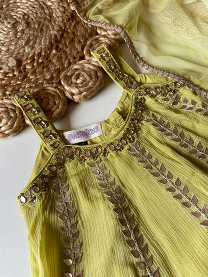 Handwork Chinon Kalidar Strap Kurti with Russian Palazzo & Dupatta