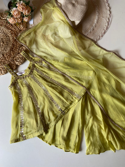 Handwork Chinon Kalidar Strap Kurti with Russian Palazzo & Dupatta