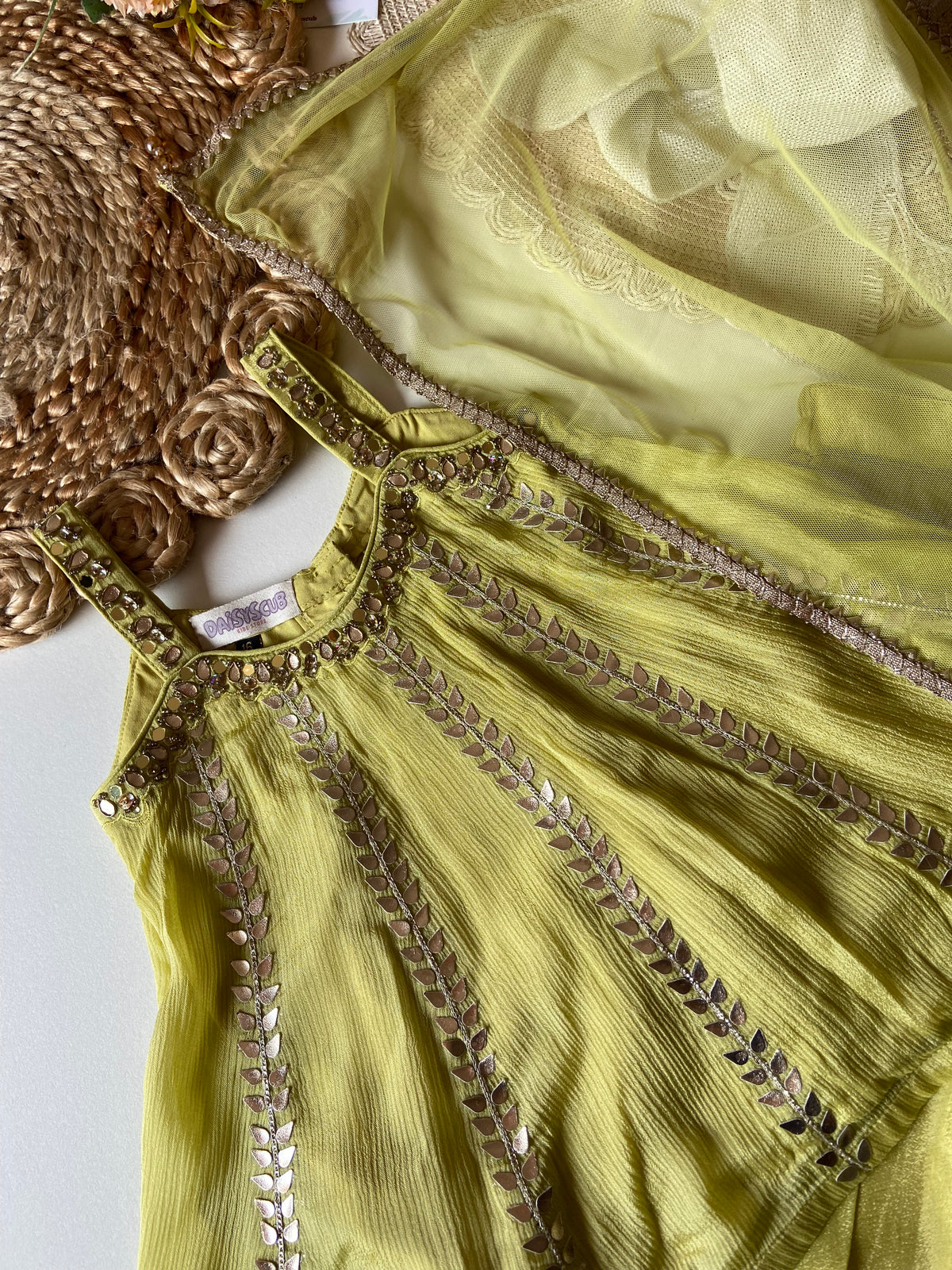 Handwork Chinon Kalidar Strap Kurti with Russian Palazzo & Dupatta