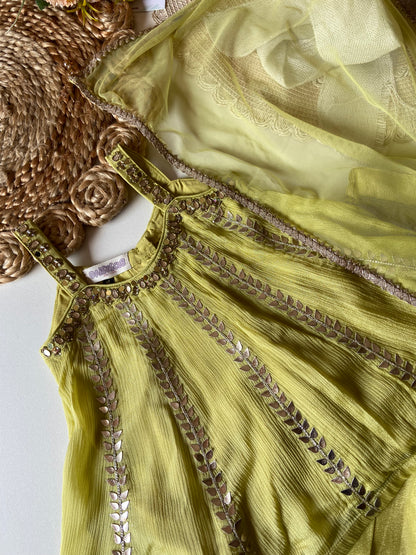 Handwork Chinon Kalidar Strap Kurti with Russian Palazzo & Dupatta