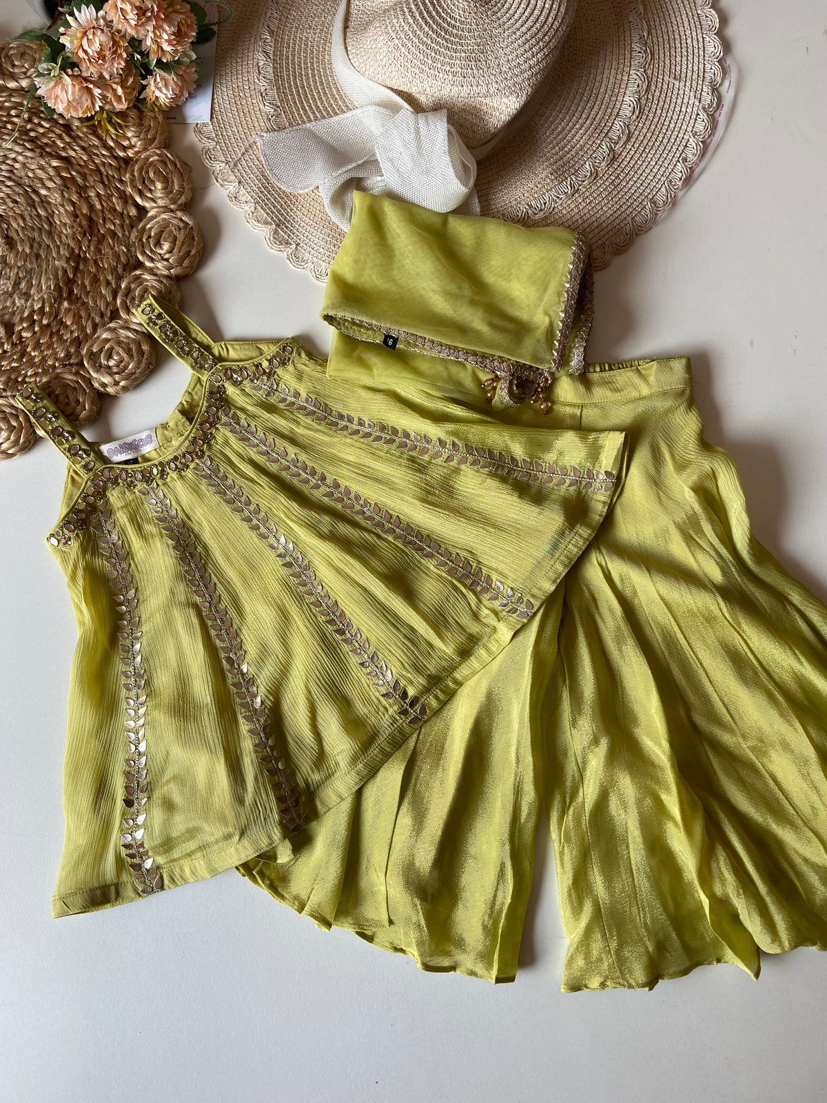 Handwork Chinon Kalidar Strap Kurti with Russian Palazzo & Dupatta