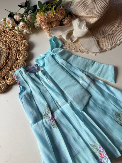 Sky Blue Mul cotton Pleated Bow Frock